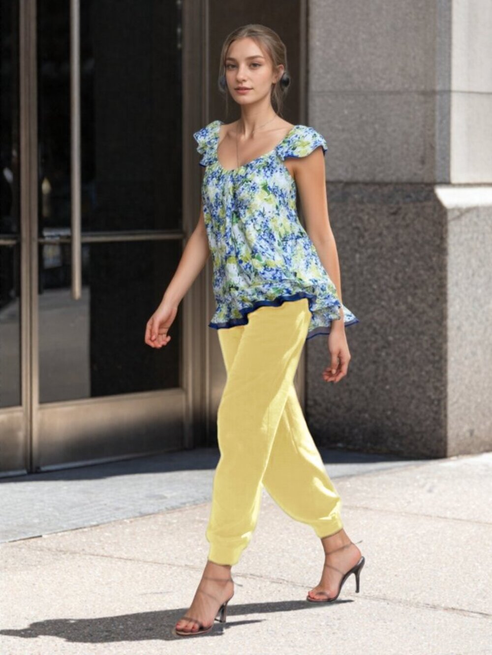 Oscar de la Renta Floral Ruffle Tank Top in Blue & Green